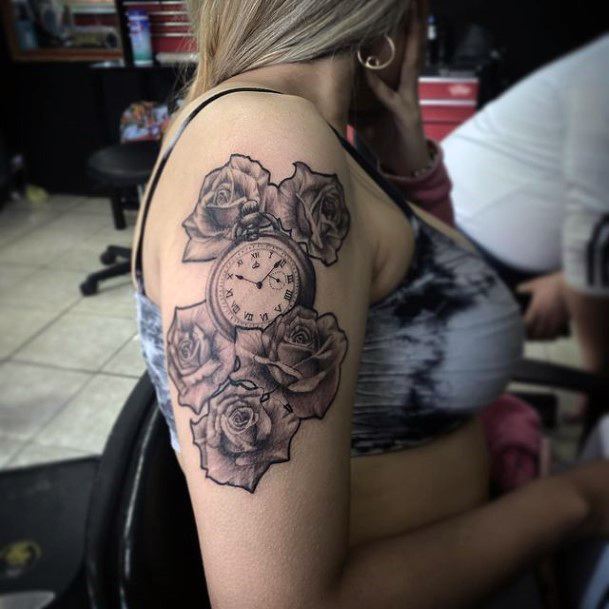 Womens Arms Clock And Roses Tattoo