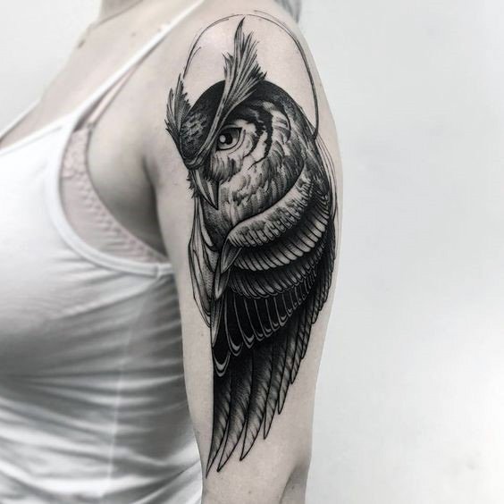 Womens Arms Combed Feathers Owl Tattoo