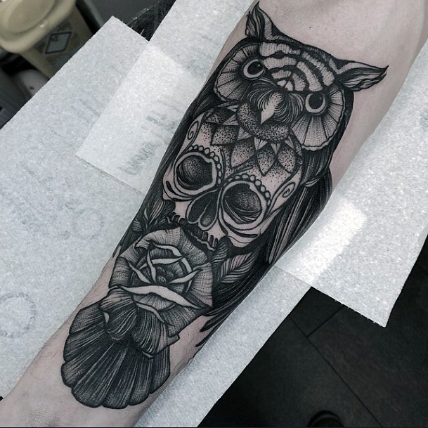 Womens Arms Dark Shaded Owl Tattoo