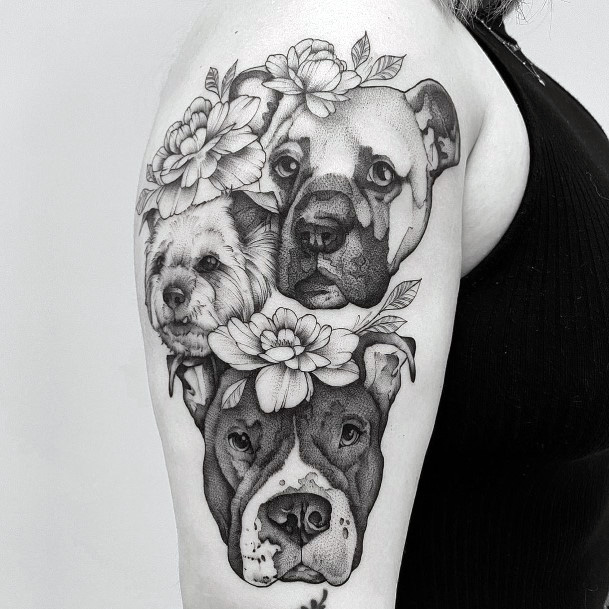 Womens Arms Dogs And Flowers Tattoo