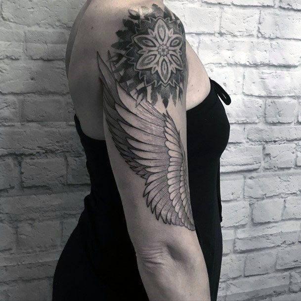 Womens Arms Floral And Angel Wings Tattoo