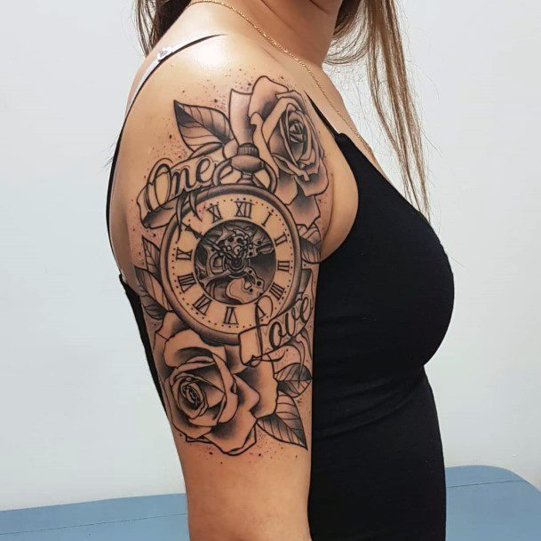 Womens Arms Gorgeous Roses And Clock Tattoo