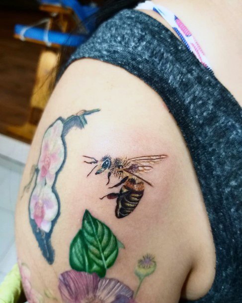 Womens Arms Honey Bee And Leaves Tattoo Art