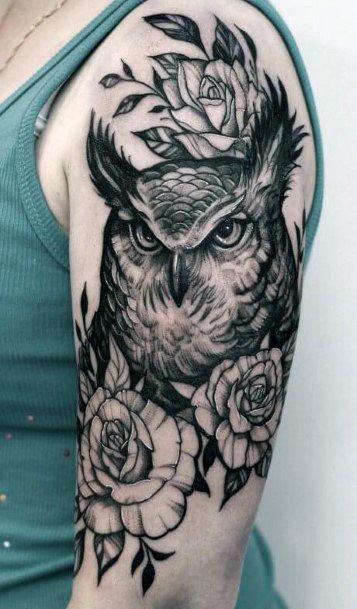 Womens Arms Horned Owl And Floral Tattoo