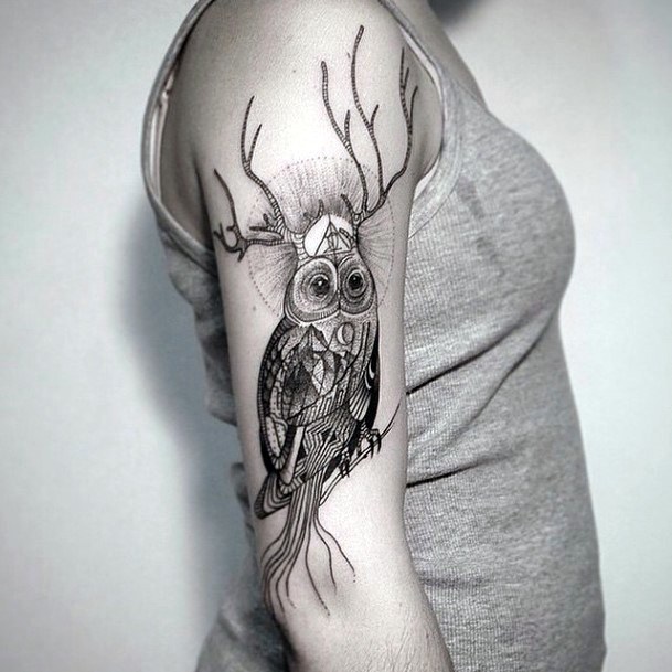 Womens Arms Horned Owl Tattoo