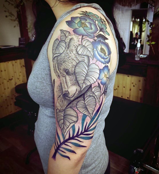 Womens Arms Leafy Bear Tattoo