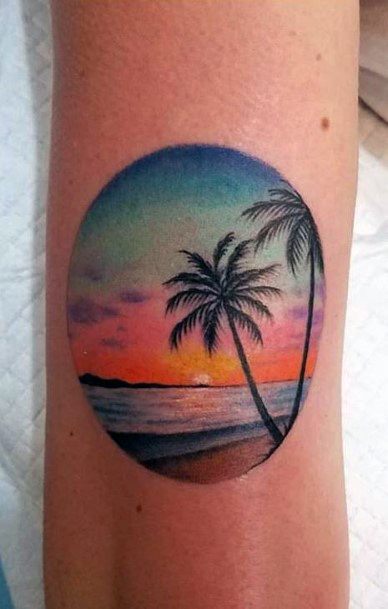 Womens Arms Palm Tree On Seashore Tattoo