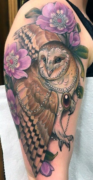 Womens Arms Purple Flowers And Owl Tattoo With Chains
