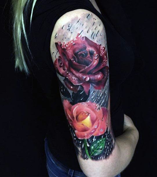 Womens Arms Rainy 3D Roses Tattoo