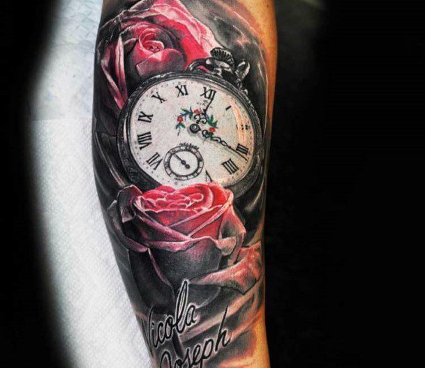 Womens Arms Realistic Roses And Clock Tattoo