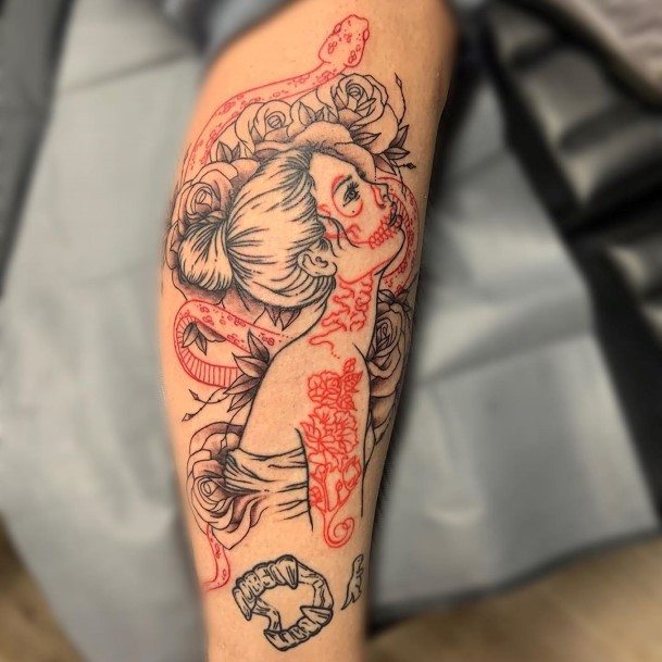 Womens Arms Red Snake And Lady Tattoo