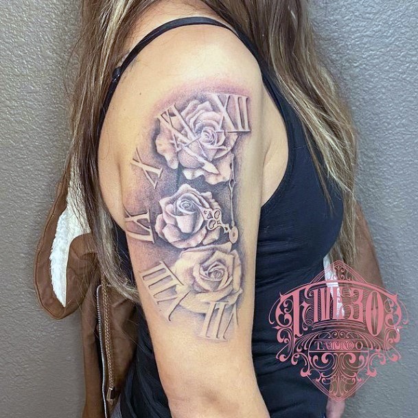 Womens Arms Roman Clock And Roses Tattoo