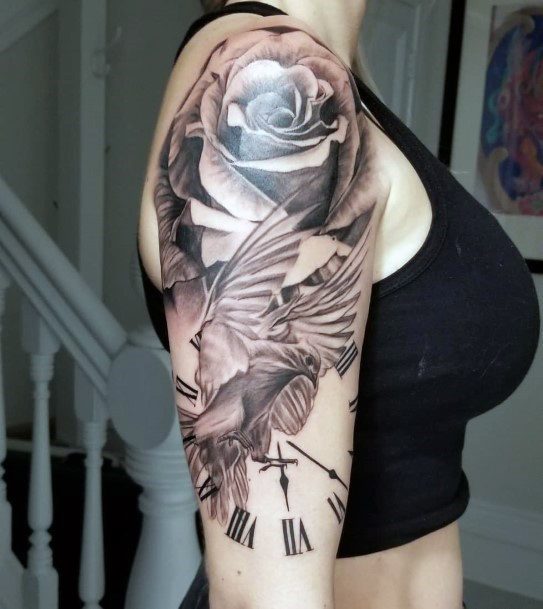 Womens Arms Rose And Clock Tattoo