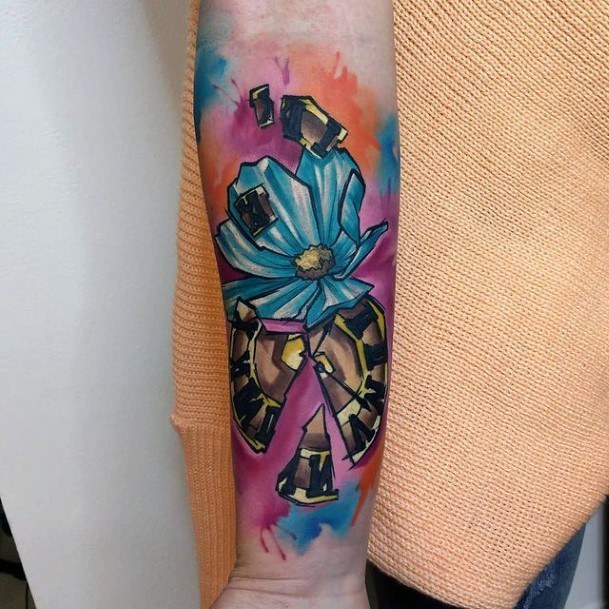 Womens Arms Shattered Clock And Flower Tattoo