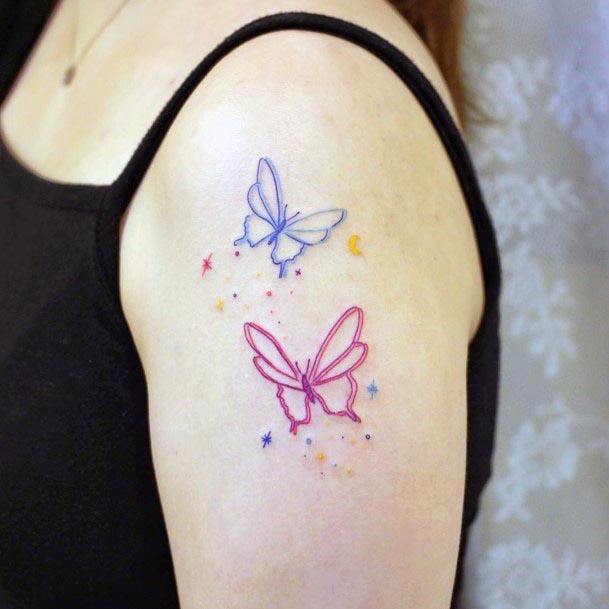 Womens Arms Simple Colored Butterflies Tattoo