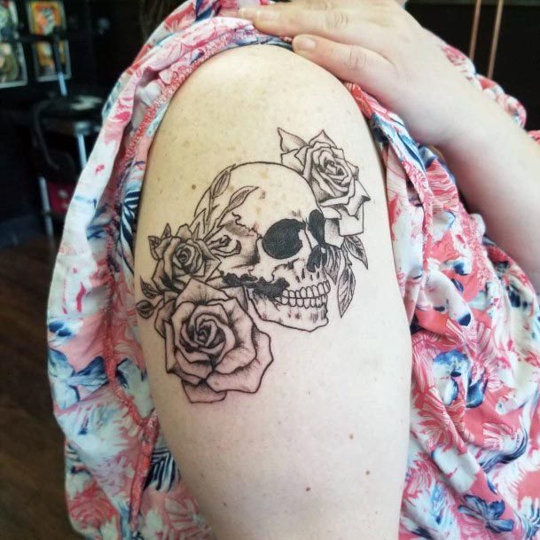 Womens Arms Skull And Roses Tattoo