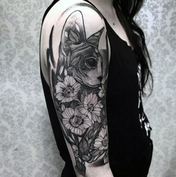 Womens Arms Spectacular Blossoms And Cat Tattoo