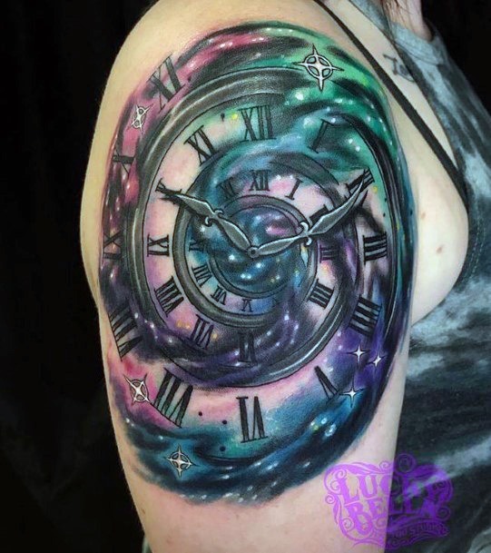 Womens Arms Spiral Galaxy Clock Tattoo