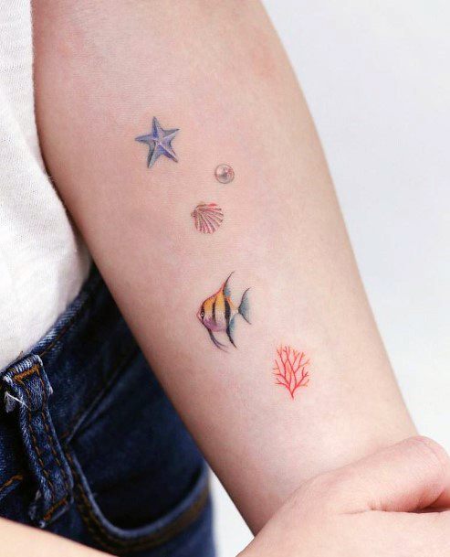 Womens Arms Starfish And Fish Cute Tattoo