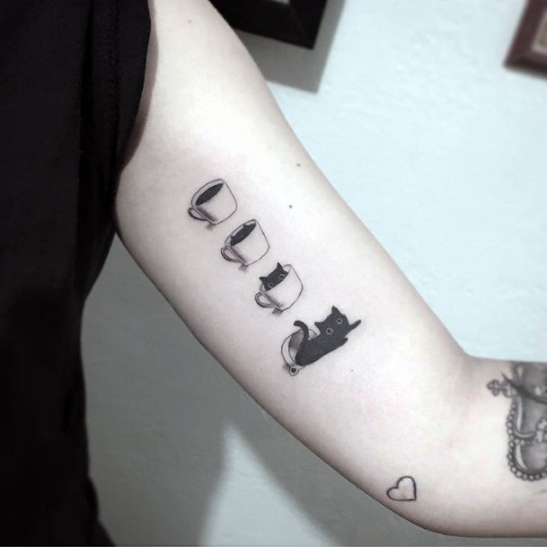 Womens Arms Tea Cups And Cat Tattoo