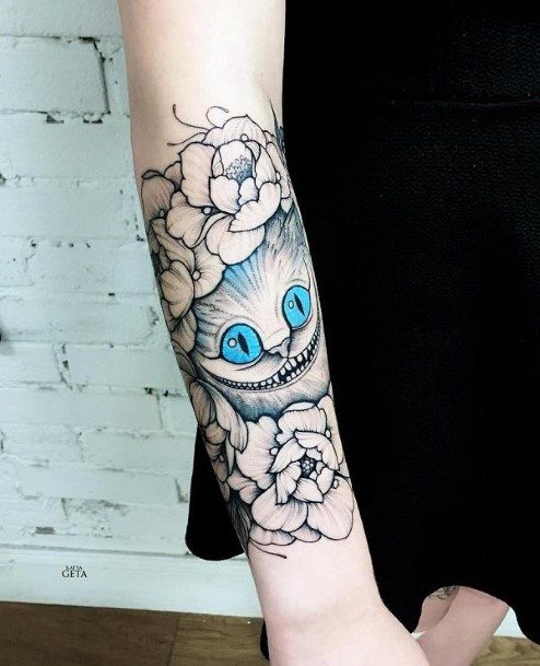 Womens Azure Blue Cat Eyes And Flowers Tattoo Forearms