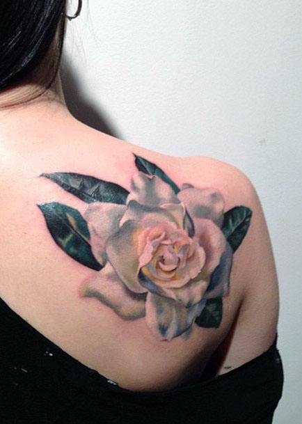 Womens Back 3D Light Rose Tattoo