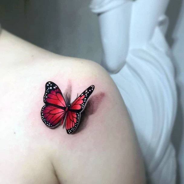 Womens Back 3D Red Butterfly Tattoo