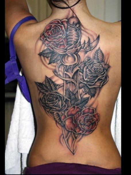 Womens Back Amazing Roses Tattoo