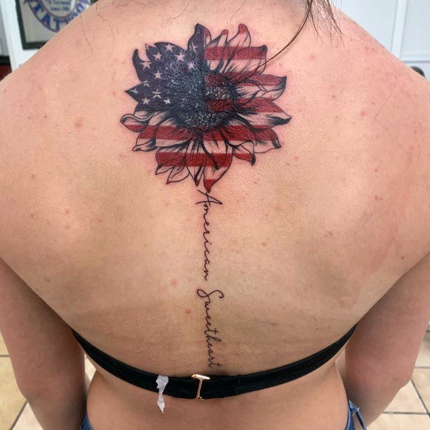 Womens Back American Flag Flower Tattoo Petals Art