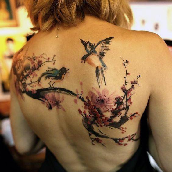 Womens Back Birds And Trees Tattoo