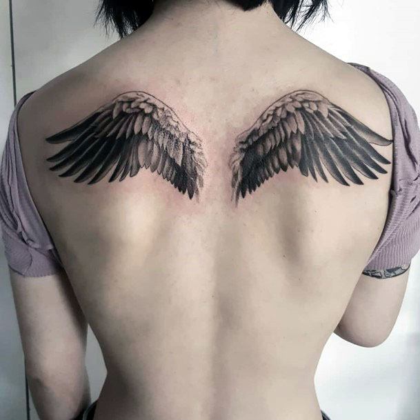 Womens Back Black Angel Wing Tattoo