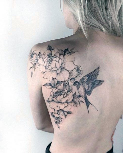 Womens Back Black Bird And Flowers Tattoo