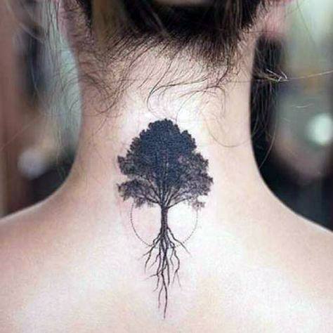 Womens Back Black Smudged Tree Tattoo