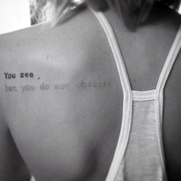 Womens Back Black White Ink Words Tattoo