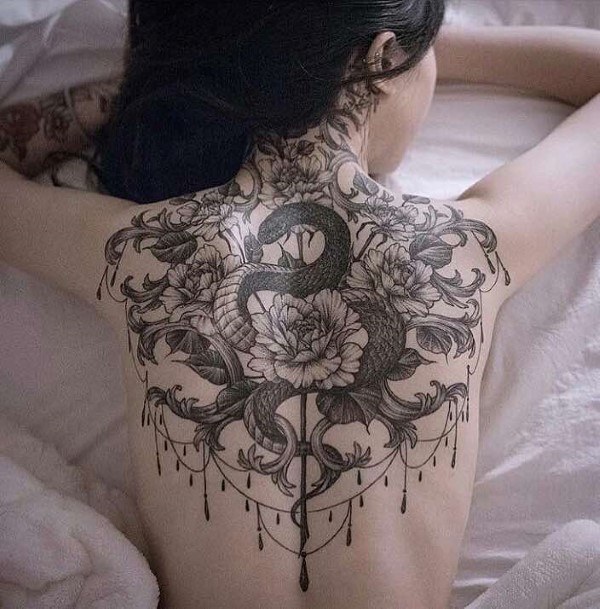 Womens Back Blossoms And Snake Tattoo