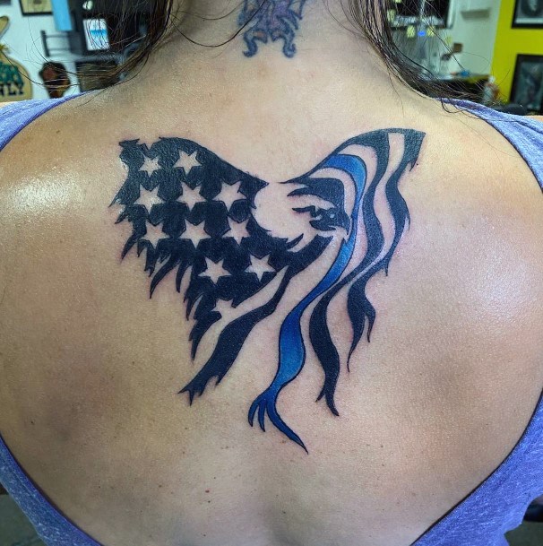 Womens Back Blue And Black American Flag Tattoo