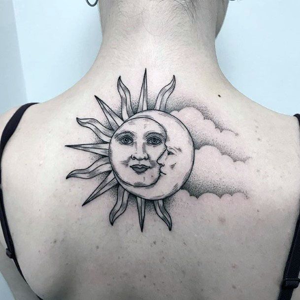 Womens Back Clouds And Sun Moon Tattoo