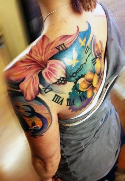 Womens Back Colored Flowers And Clock Tattoo
