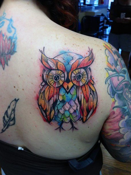 Womens Back Colored Lovely Owl Tattoo