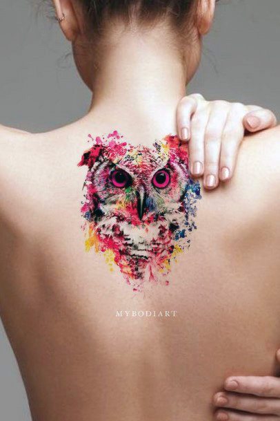Womens Back Colored Owl Tattoo