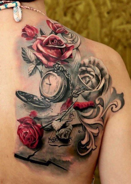 Womens Back Compass And Red Roses Tattoo