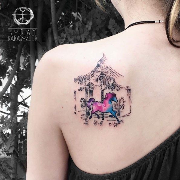 Womens Back Cool Colored Horse In Merry Go Round Tattoo