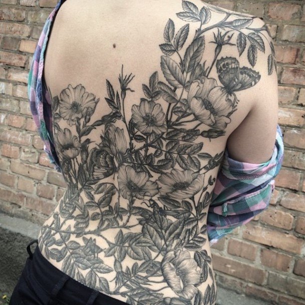 Womens Back Cool Floral Garden And Butterfly Tattoo