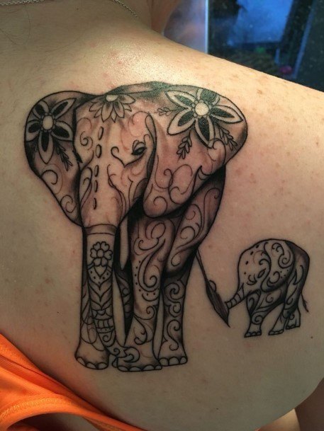 Womens Back Cute Mother And Baby Elephant Tattoo