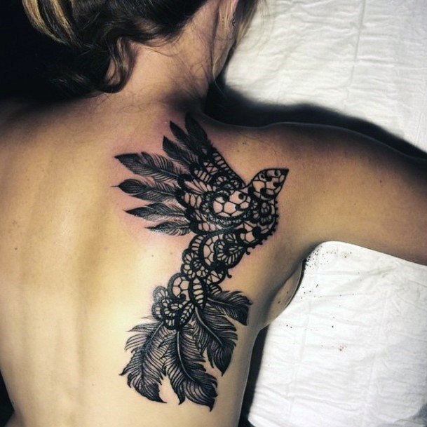 Womens Back Dark Black Bird Tattoo