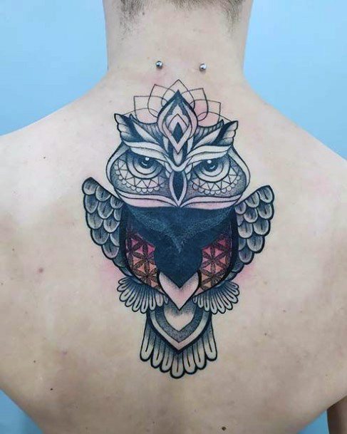 Womens Back Designer Owl Tattoo
