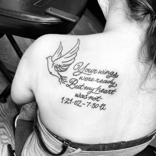 Womens Back Dove And Divine Words Tattoo