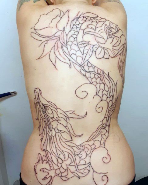 Womens Back Dragon Sketch Tattoo