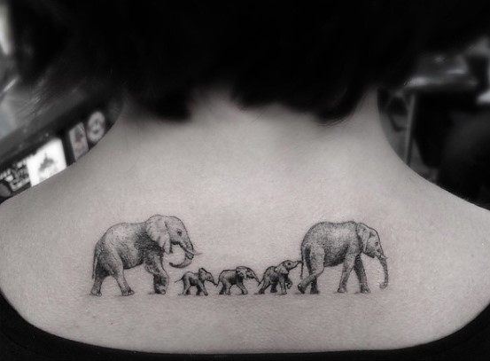 Womens Back Elephant Family Tattoo