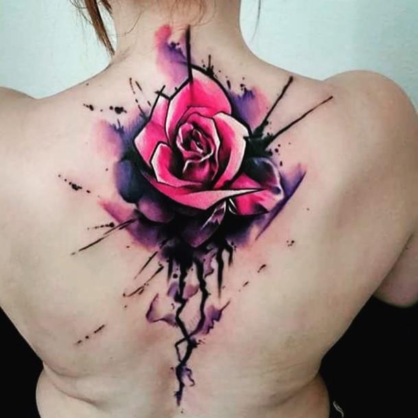 Womens Back Explosive Rose Tattoo